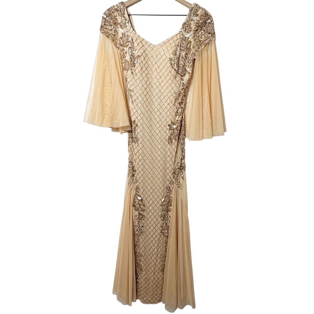 Basix Black Label Embellished Beaded Evening Dress Peach Gold Size 0